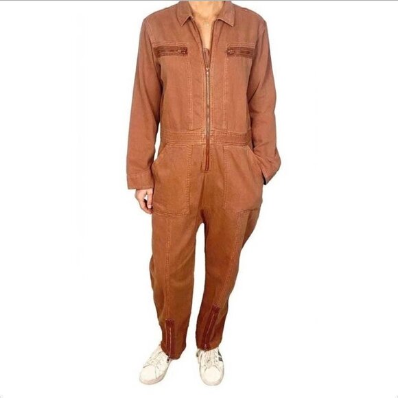 Sandrine Rose cotton linen jumpsuit zipper burnt brown coverall tan new X-Small - Picture 1 of 6